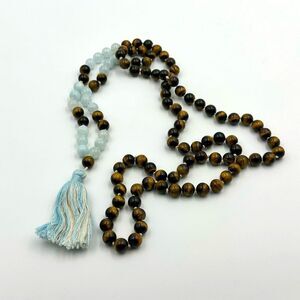 Aquamarine Tigereye Beaded Long Necklace Tassel Brown Aqua